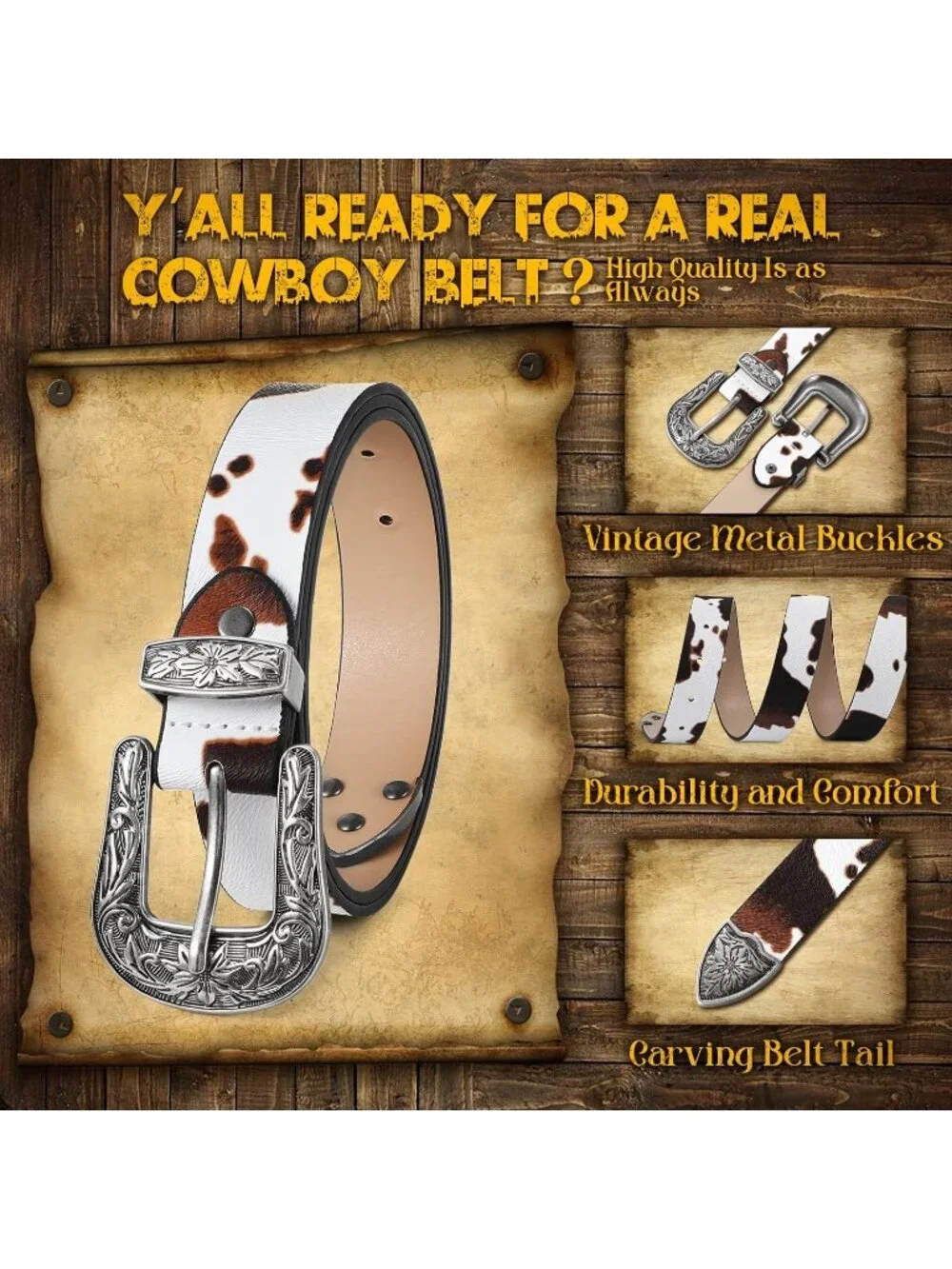 Women's Cow Print Leather Belts Vintage Western Design Silver Buckle Waist Belt